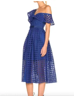 Self Portrait Guipure One Shoulder Lace Dress Cobalt Blue Size 8 for rent on The Volte - image 2