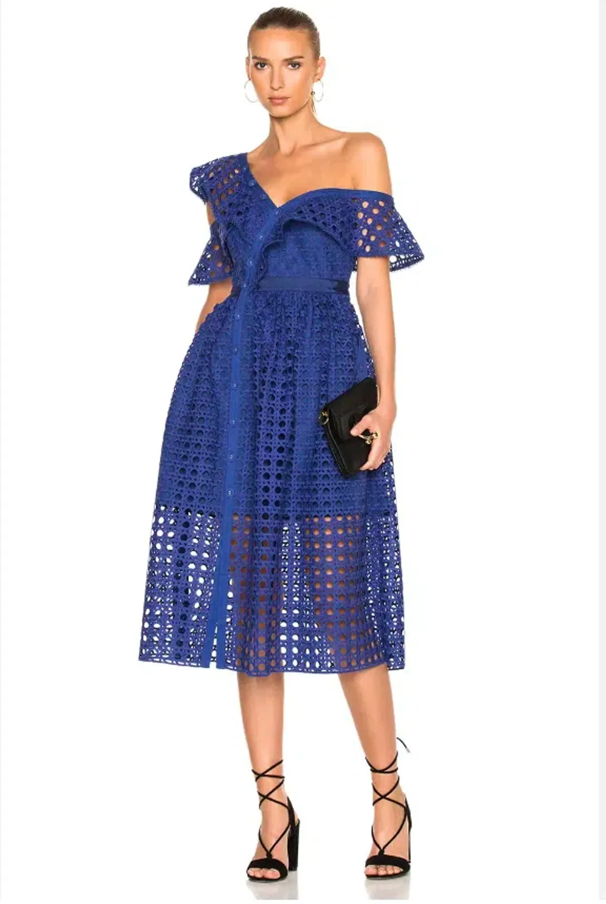 Self Portrait Guipure One Shoulder Lace Dress Cobalt Blue Size 8 for rent on The Volte - main image
