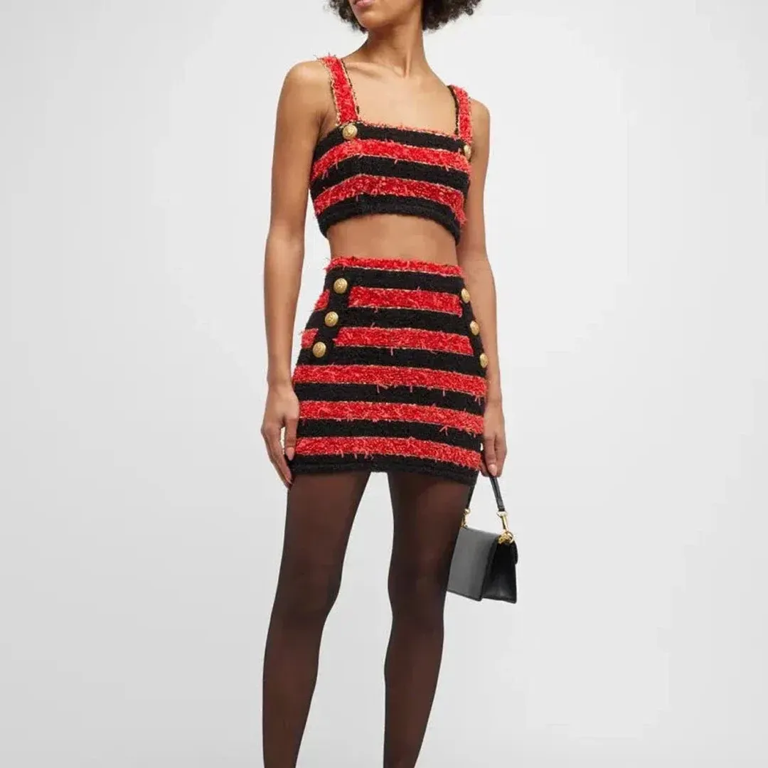 Balmain Button-embellished Striped Metallic Bouclé Mini Skirt In Red Size AU 8 for rent on The Volte - main image