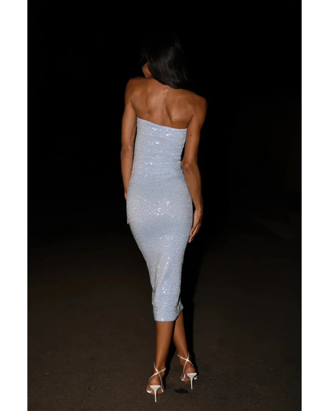 Meshki Nevada Strapless Sequin Midi Dress Ice Blue Size AU 6 for rent on The Volte - main image