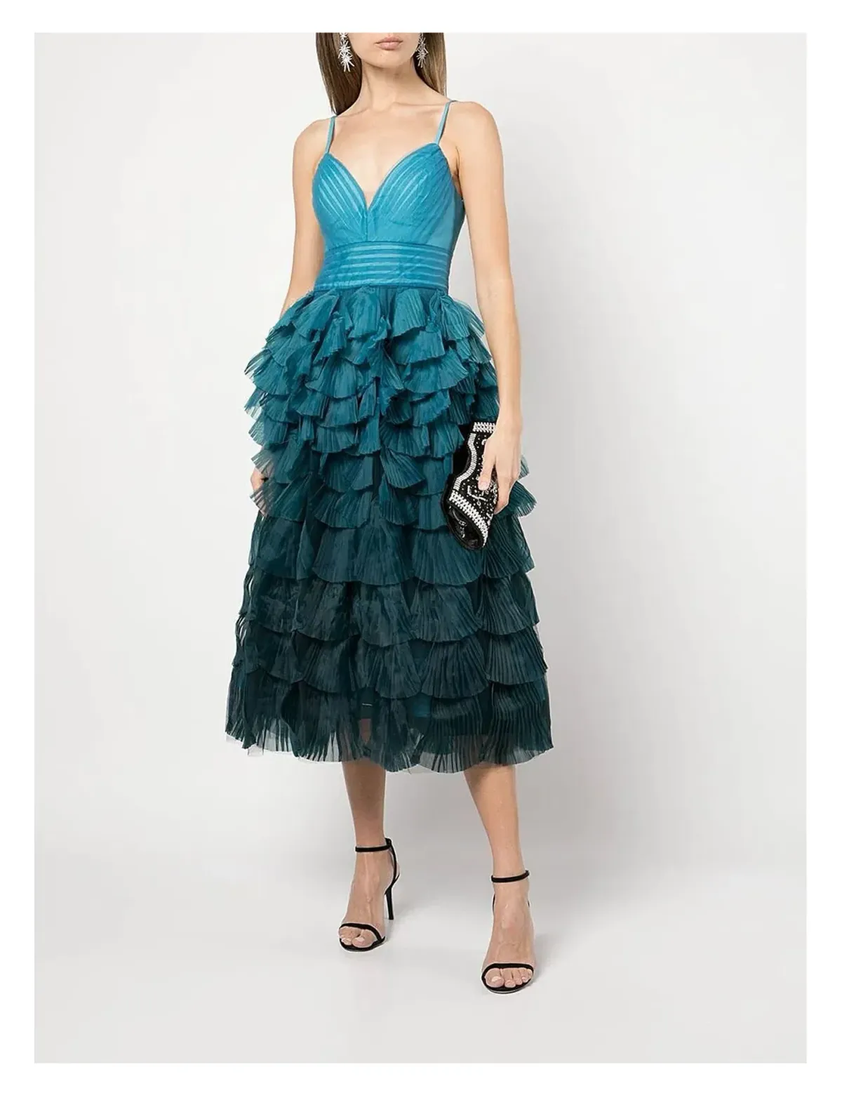 Marchesa Notte Gradient Ruffled Midi Dress Blue Size 8 for rent on The Volte - main image