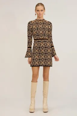 Nine Lives Bazaar Mitzy Knit Dress Deco Mini Gold & Black Size 10 for rent on The Volte - image 2