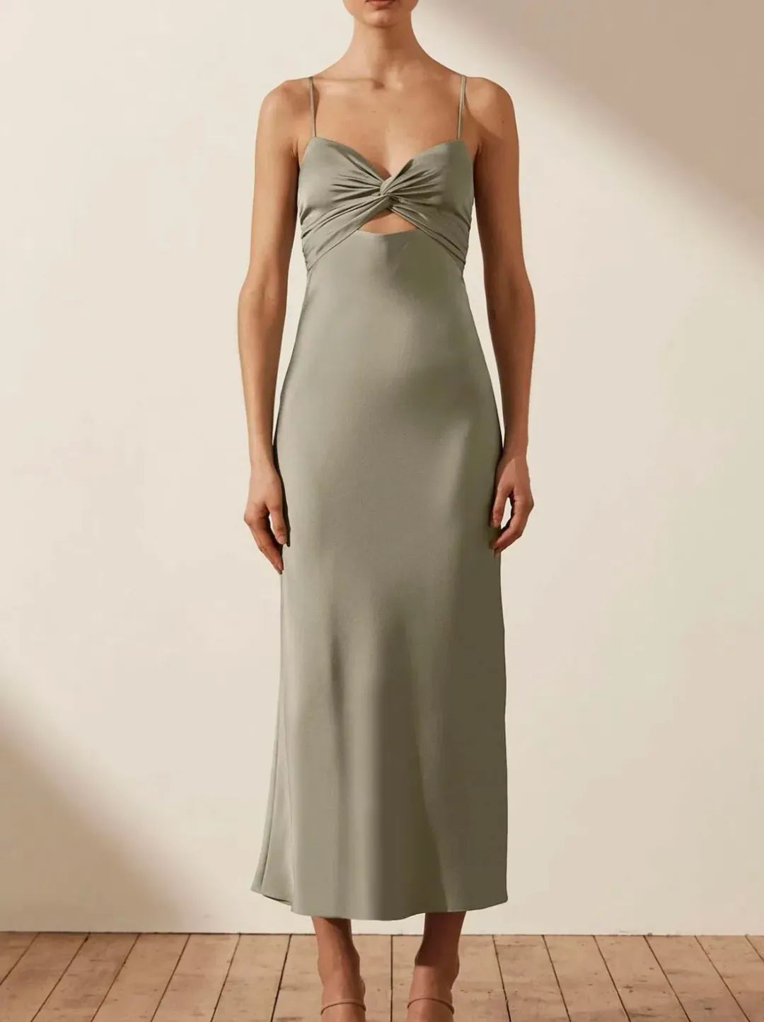 Shona Joy Luxe Twist Front Sleeveless Midi Dress Eucalyptus Size 12 for rent on The Volte - main image