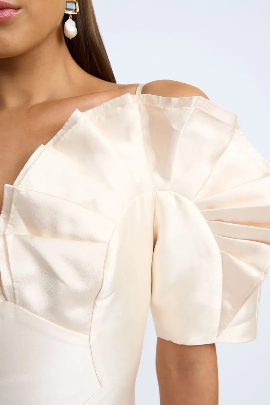 By Johnny Ramira Off Shoulder Mini Dress Champagne Size 8  for rent on The Volte - main image