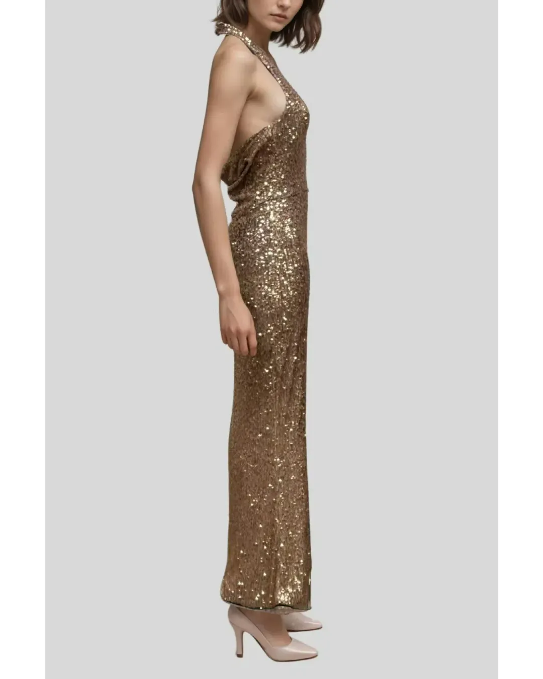Love Nookie Cowl Back Halter Neck Dress in Gold Sequin Size AU 10 for rent on The Volte - main image