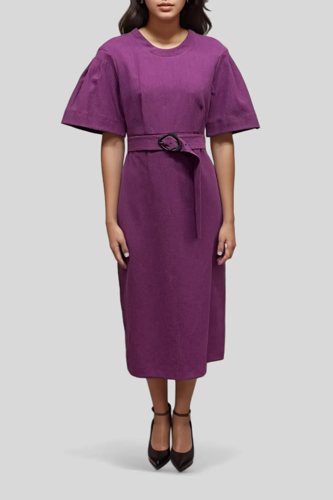 Veronika Maine Crinkle Cotton Belted Midi Dress in Plum Size 10 for rent on The Volte - main image