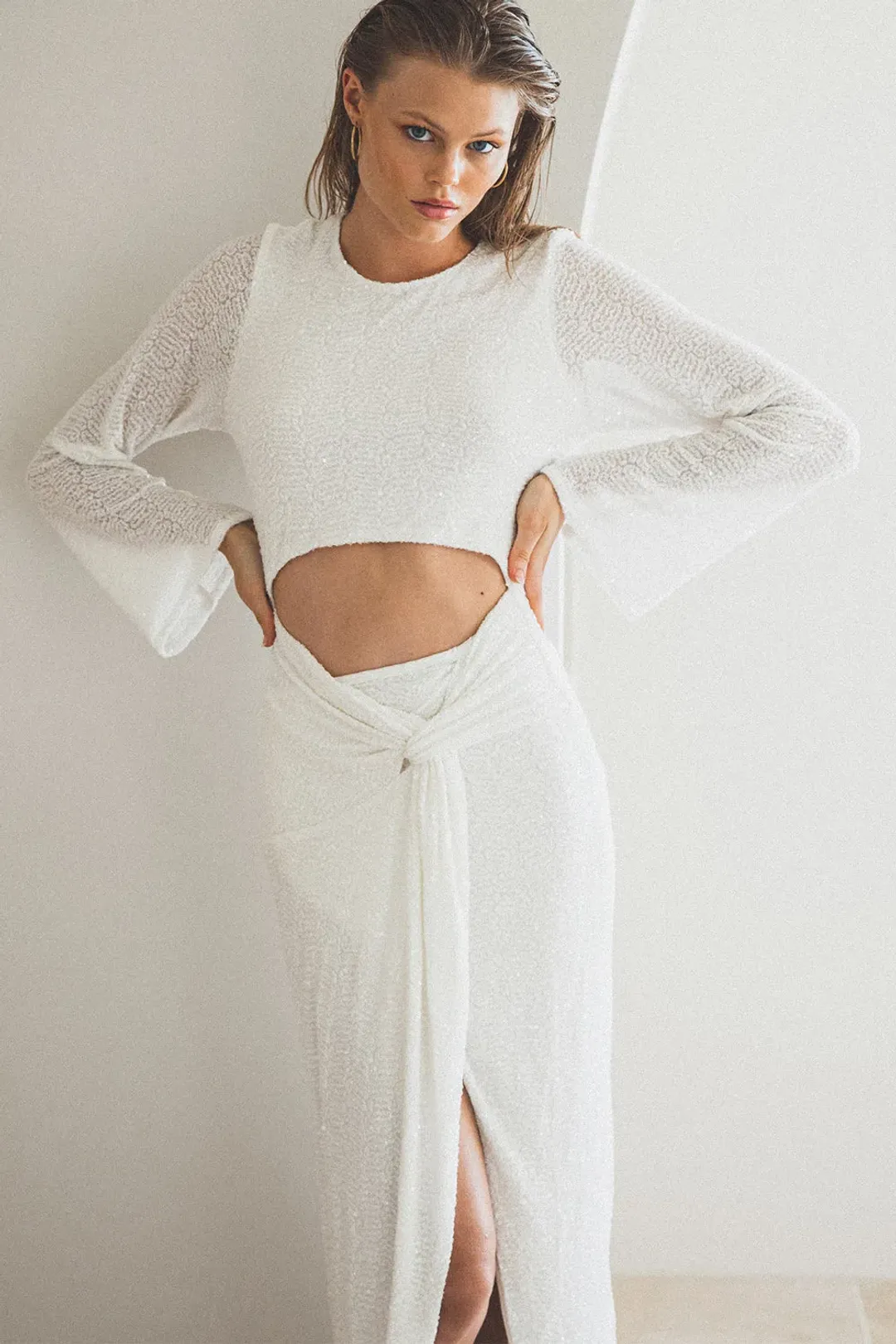 Winona Reyna Knot Midi Dress Sparkle White Size 12 for rent on The Volte - main image