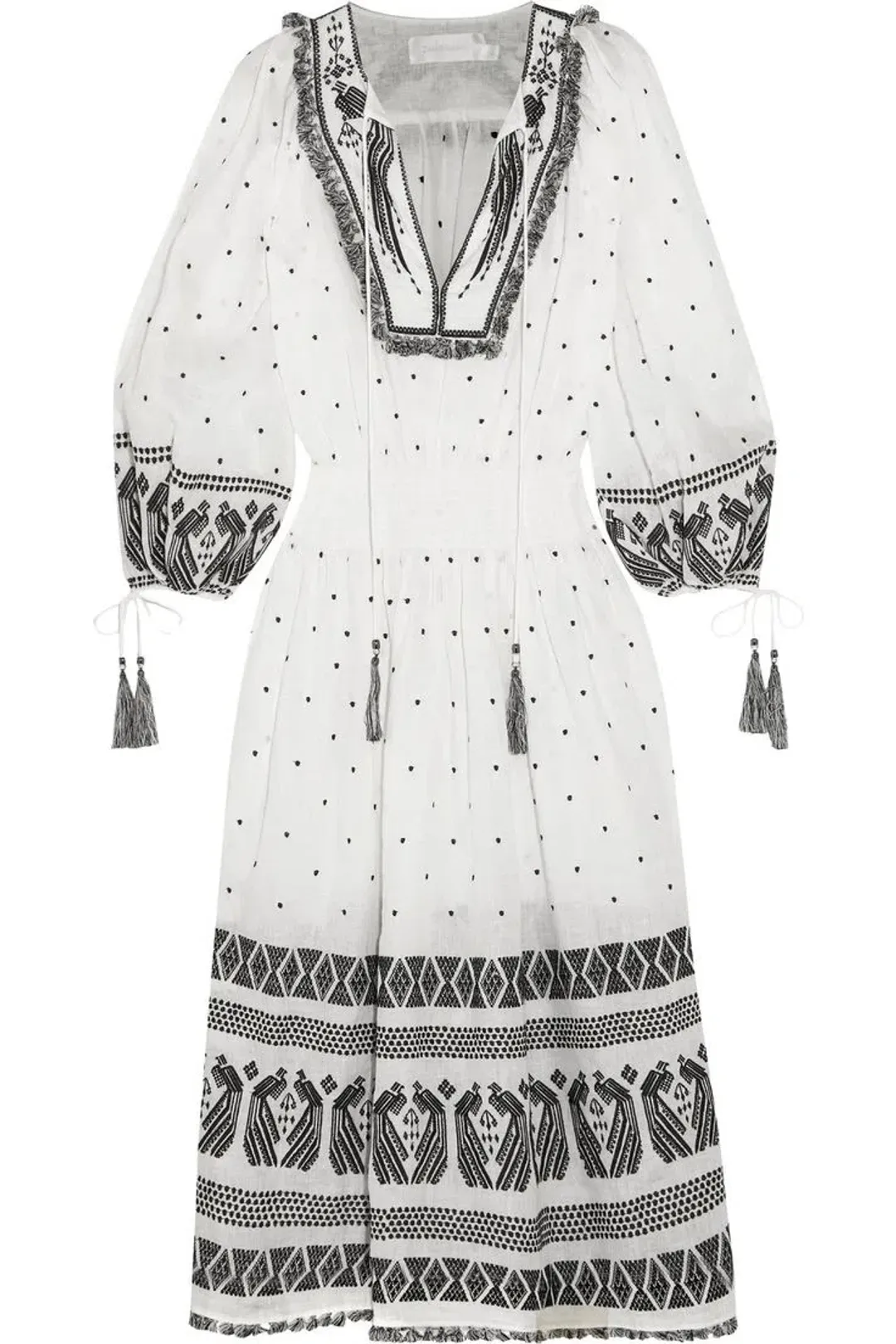 Zimmermann Divinity Midi Embroidered Linen Dress White/Black Size 0 / 8 AU for rent on The Volte - main image