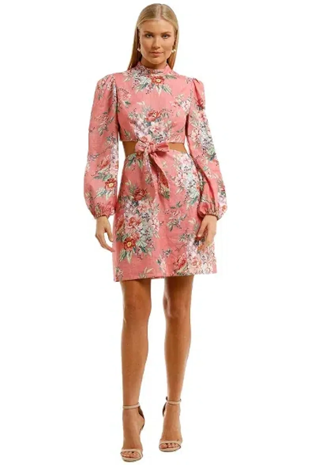Zimmermann Bellitude Cutout Bow Front Floral Linen Mini Dress Pink Size 0 / 8 AU  for rent on The Volte - main image