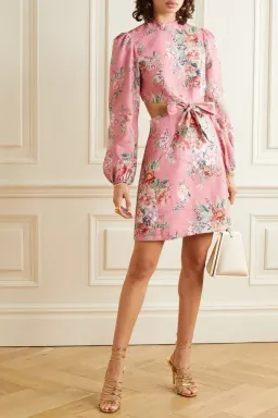 Zimmermann Bellitude Cutout Bow Front Floral Linen Mini Dress Pink Size 0 / 8 AU  for rent on The Volte - image 1