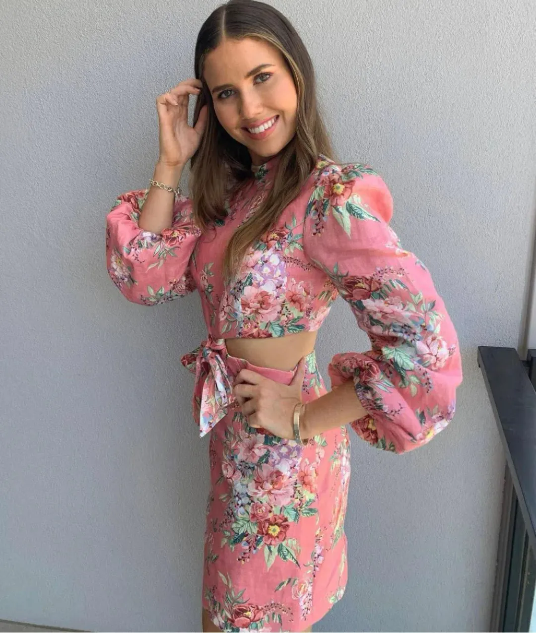 Zimmermann Bellitude Cutout Bow Front Floral Linen Mini Dress Pink Size 0 / 8 AU  for rent on The Volte - main image