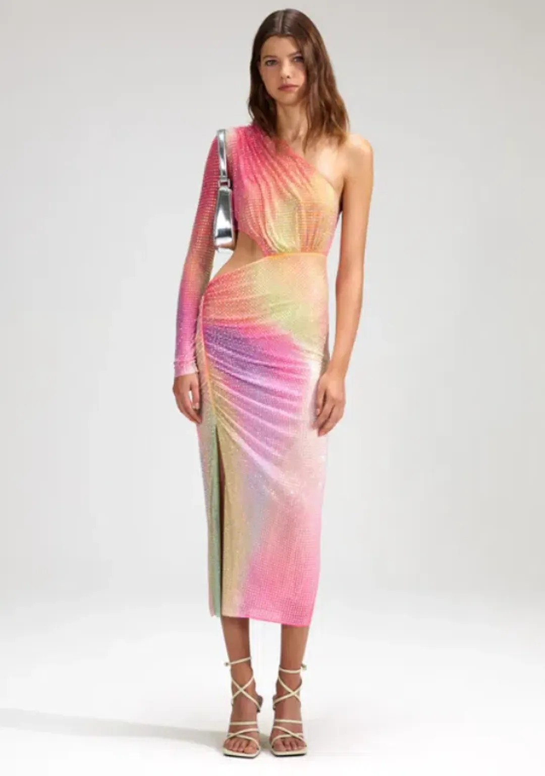 Self Portrait Printed Mesh Rhinestone Cutout Midi Dress Multi Size 8 for rent on The Volte - main image