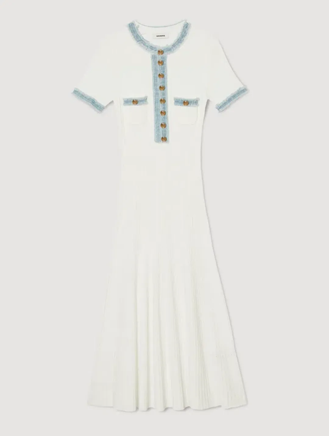 Sandro Knit and Denim Midi Dress White Size 8 for rent on The Volte - main image