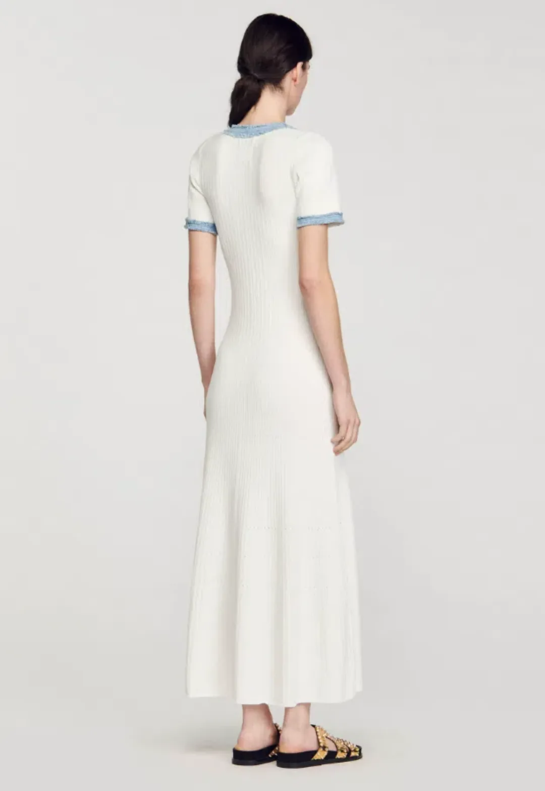 Sandro Knit and Denim Midi Dress White Size 8 for rent on The Volte - main image