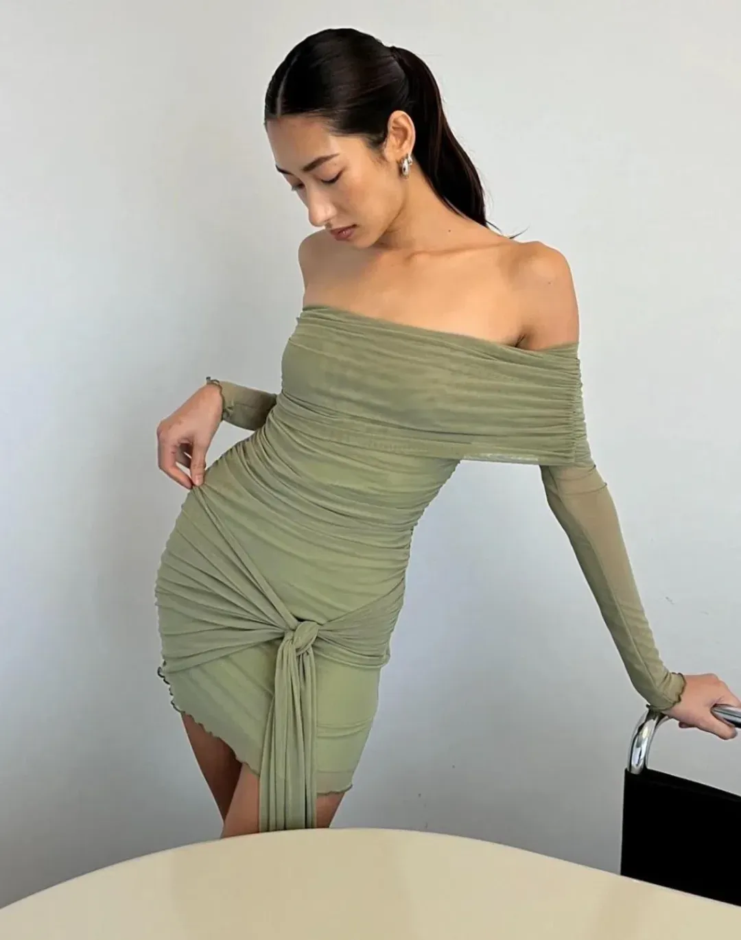 Benni Yasmin Off Shoulder Mini Dress Green Size S/Au 8  for rent on The Volte - main image