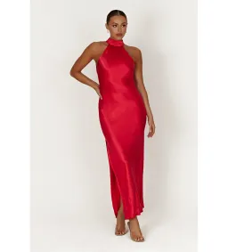 Meshki Claire Satin Drape Back Maxi Dress With Split  Red Size 8  for rent on The Volte - image 1
