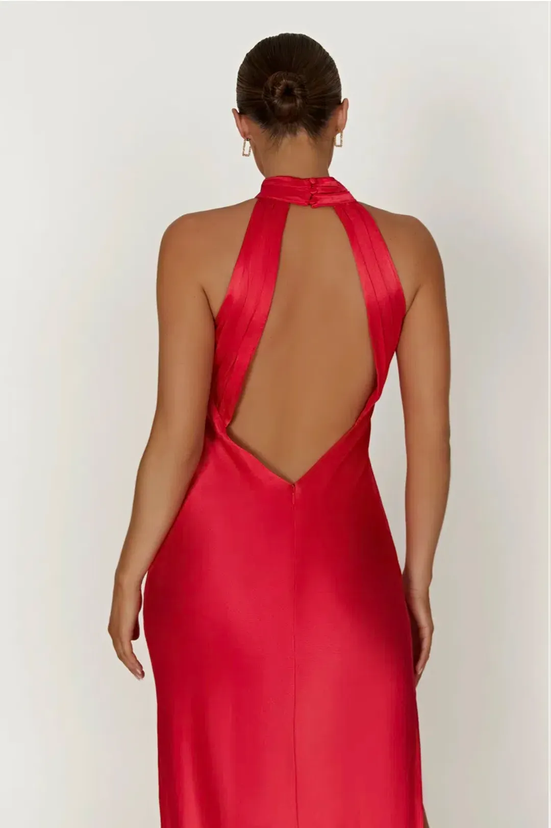 Meshki Claire Satin Drape Back Maxi Dress With Split  Red Size 8  for rent on The Volte - main image