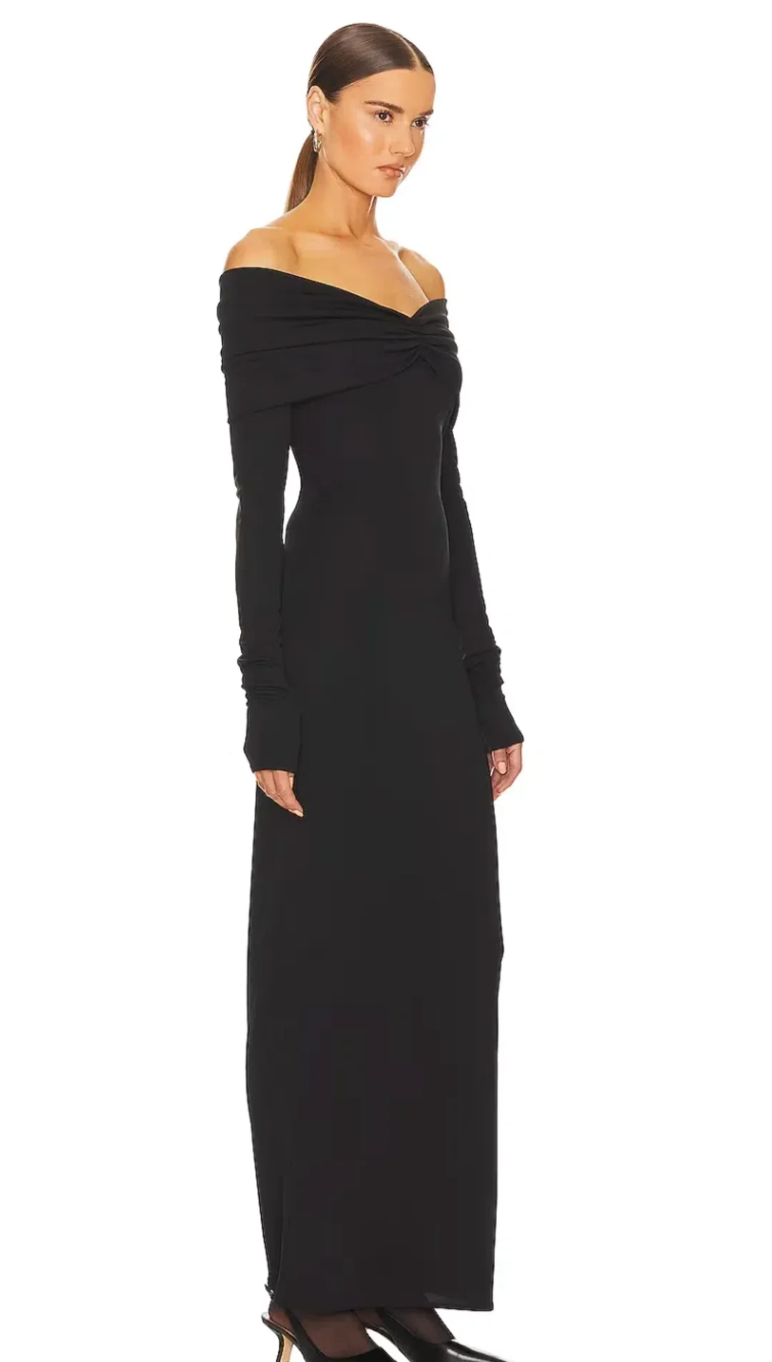 Helsa Matte Jersey Off Shoulder Maxi Dress Black Size 8  for rent on The Volte - main image
