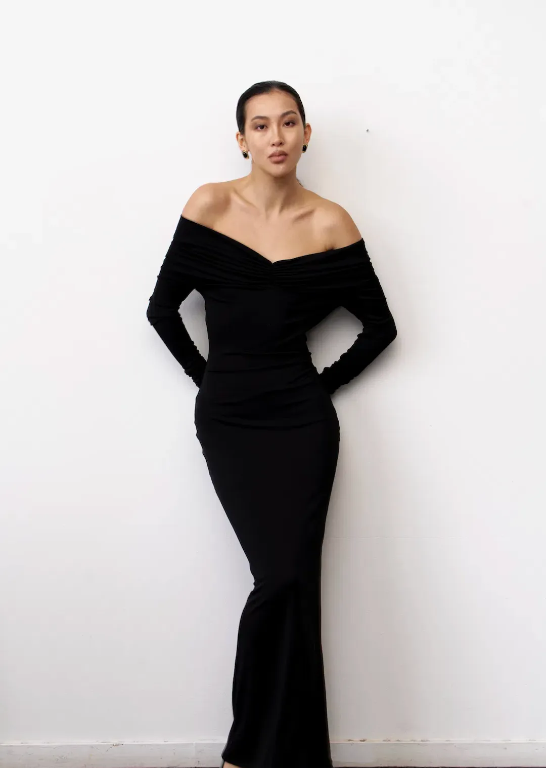 Helsa Matte Jersey Off Shoulder Maxi Dress Black Size 8  for rent on The Volte - main image