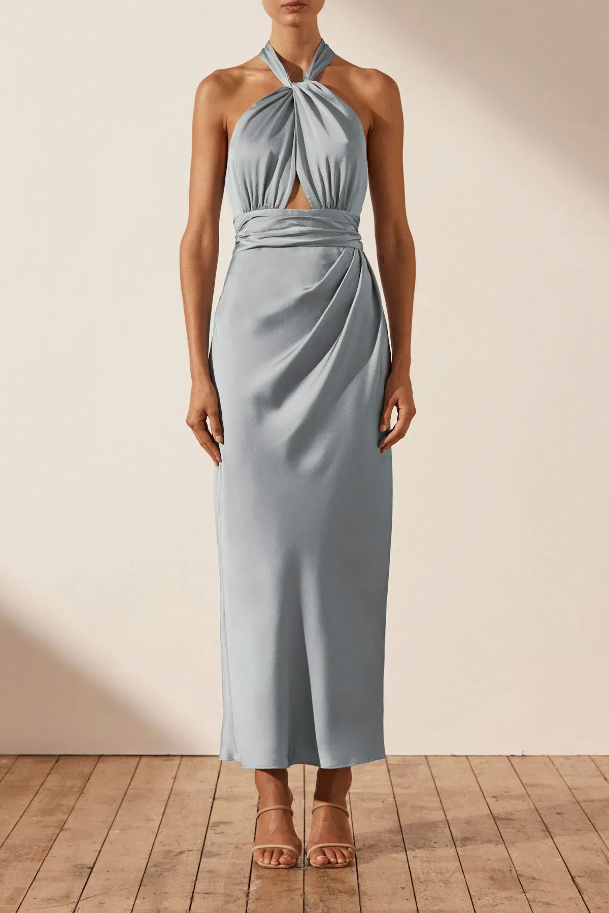 Shona Joy Luxe Gathered Halter Midi Dress in Azure Size 8  for rent on The Volte - main image