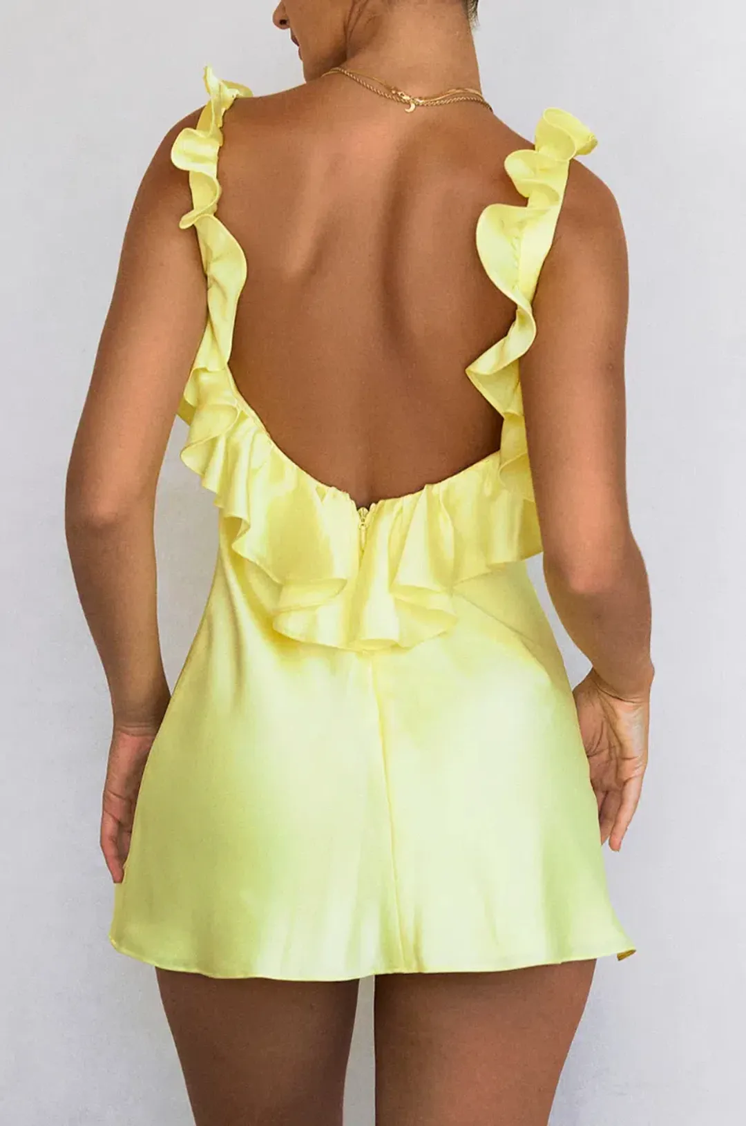 House Of CB Tink Satin Ruffle Mini Dress Buttercup Yellow Size M / AU 10 for rent on The Volte - main image