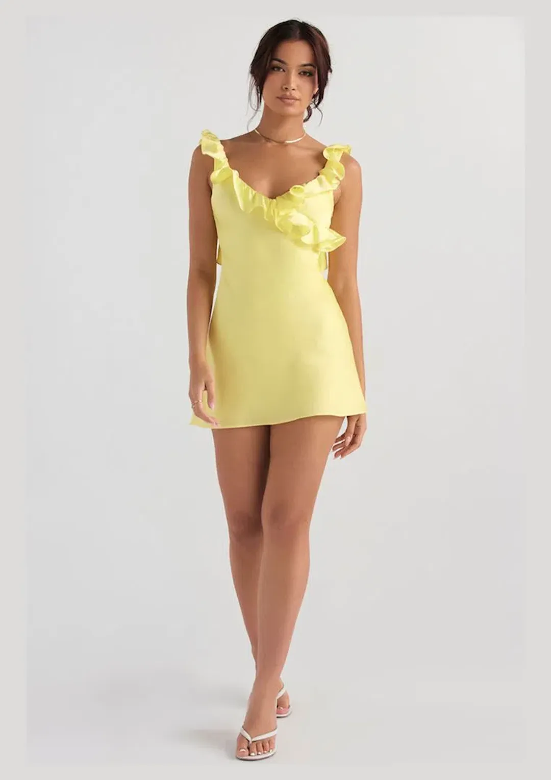 House Of CB Tink Satin Ruffle Mini Dress Buttercup Yellow Size M / AU 10 for rent on The Volte - main image