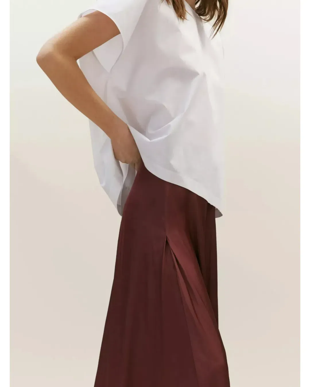 Massimo Dutti "Flowing Asymmetric" Midi Skirt Burgundy Size AU 6 for rent on The Volte - main image