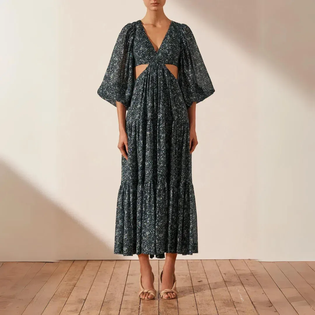 Shona Joy Denise Pin Tuck Cut Out Balloon Sleeve Midi Dress Navy Print Size 10 for rent on The Volte - main image