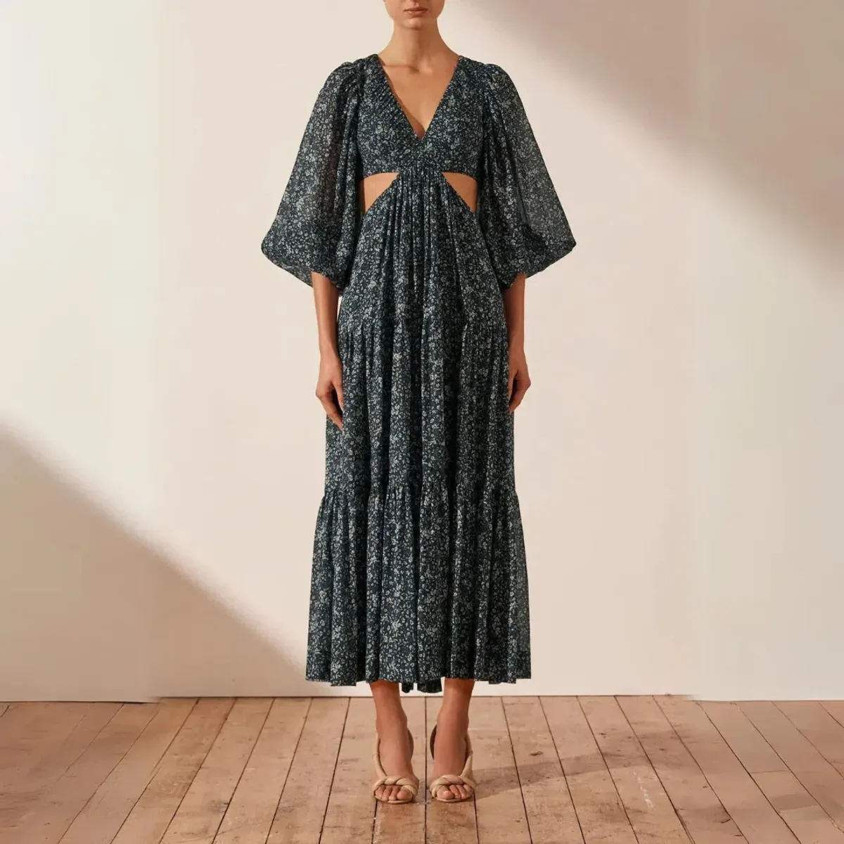 Shona Joy Denise Pin Tuck Cut Out Balloon Sleeve Midi Dress Navy Print Size 10 for rent on The Volte - main image