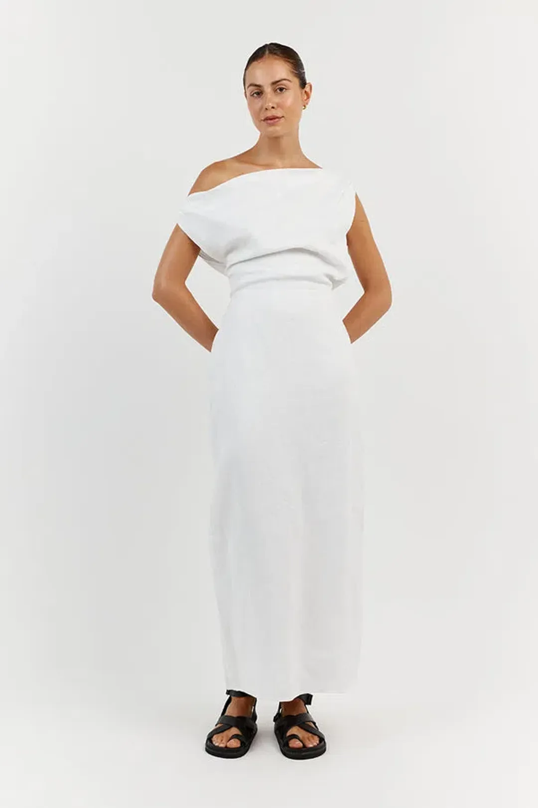 Dissh Cass Linen Asym Midi Dress White Size 8 for rent on The Volte - main image