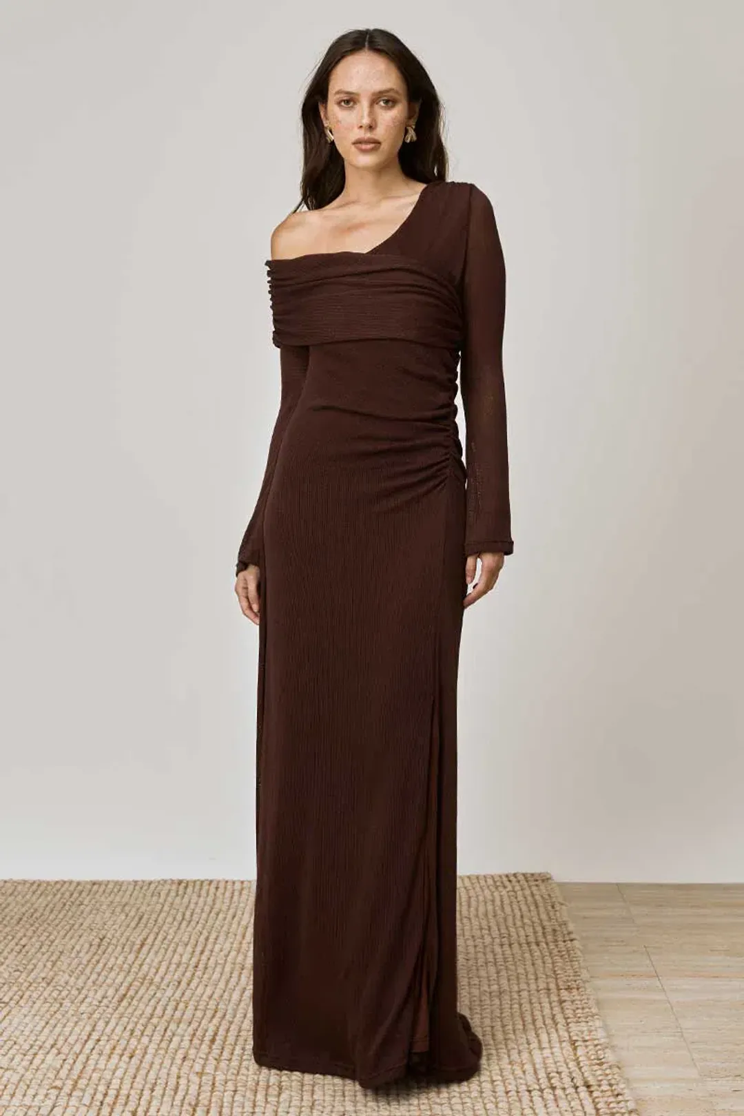 Mon Renn Overlay Sleeved Midi Dress in Chocolate Size 14 for rent on The Volte - main image
