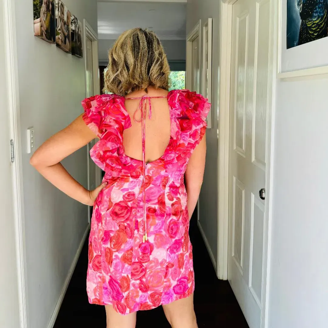 Aje Charmed Plunge Mini Dress Pink Floral Size 14 for rent on The Volte - main image