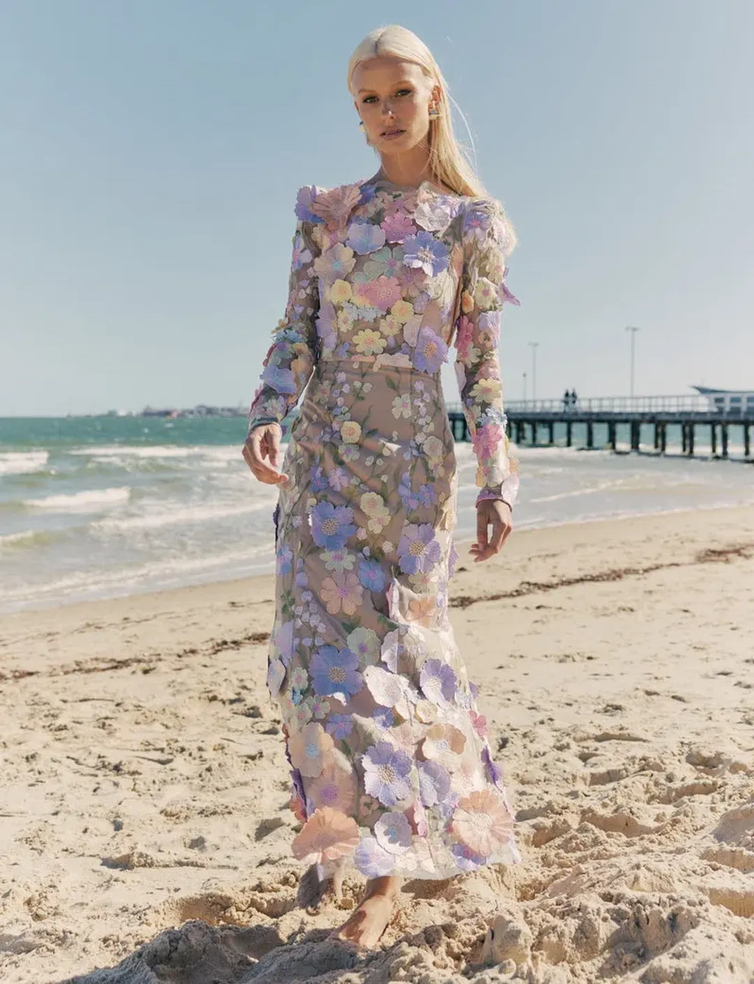 Elliatt Shannon 3D Floral Midi Dress In Purple Floral Size M/ AU 10 for rent on The Volte - main image