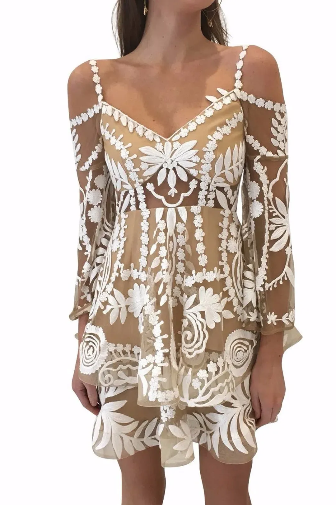 Thurley Poppy Fields Lace Mini Dress Ivory/Nude Size 8 for rent on The Volte - main image