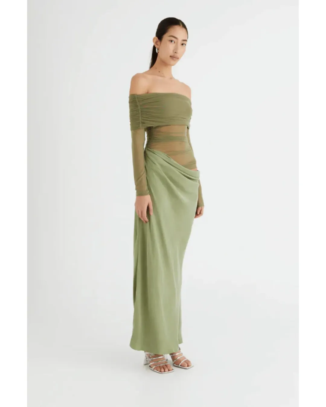 Benni Yasmin Off The Shoulder Maxi Dress in Pistachio Size AU 12 for rent on The Volte - main image