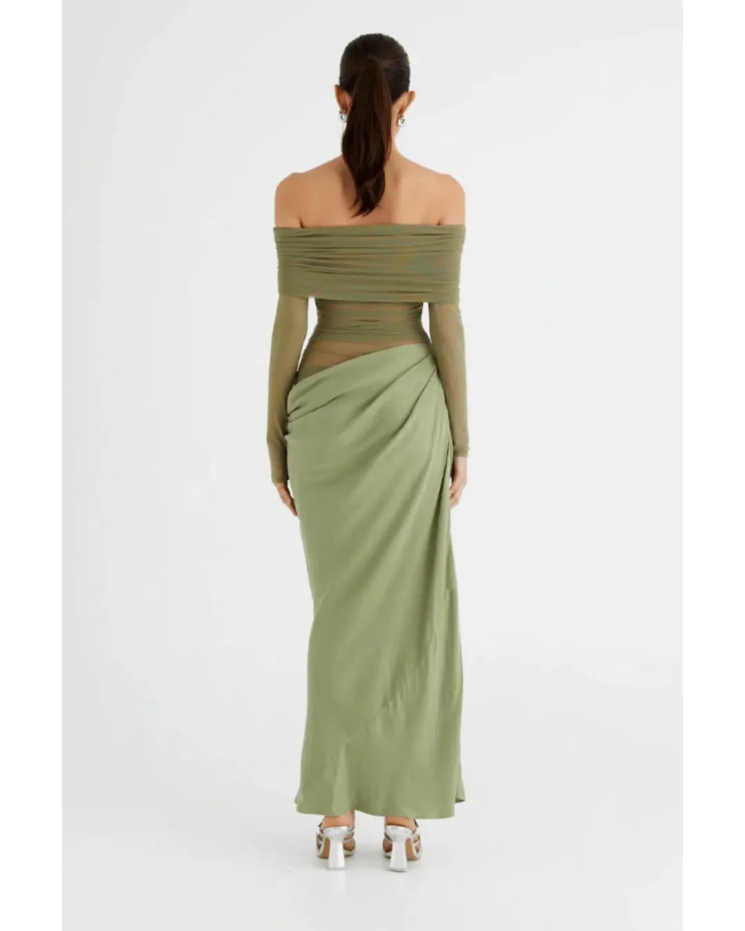 Benni Yasmin Off The Shoulder Maxi Dress in Pistachio Size AU 12 for rent on The Volte - main image