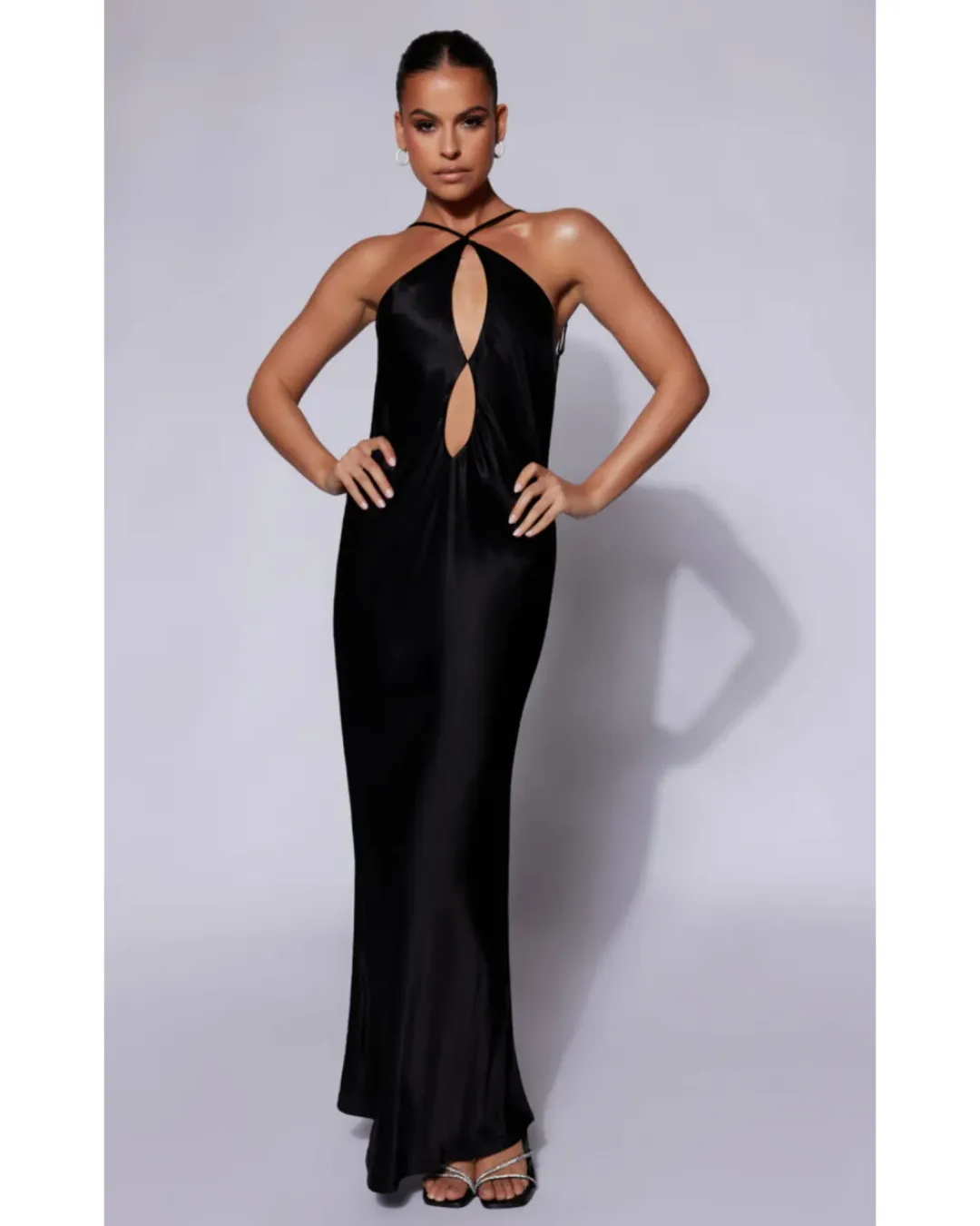 MESHKI Lucia Satin Cut Out Maxi Dress Black Size Small / AU 8 for rent on The Volte - main image