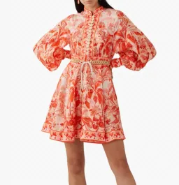 Zimmermann Lyre Billow Sleeve Mini Dress in Red Palm Print Size 2 / AU 12 for rent on The Volte - image 2