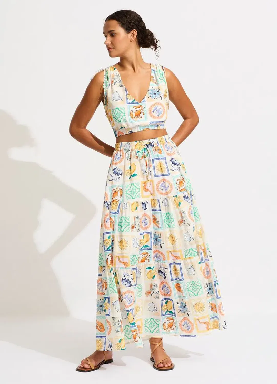 Seafolly Wish You Were Here Crop Top & Maxi Skirt Set in Atoll Blue Multi Size XS / AU 6 for rent on The Volte - main image