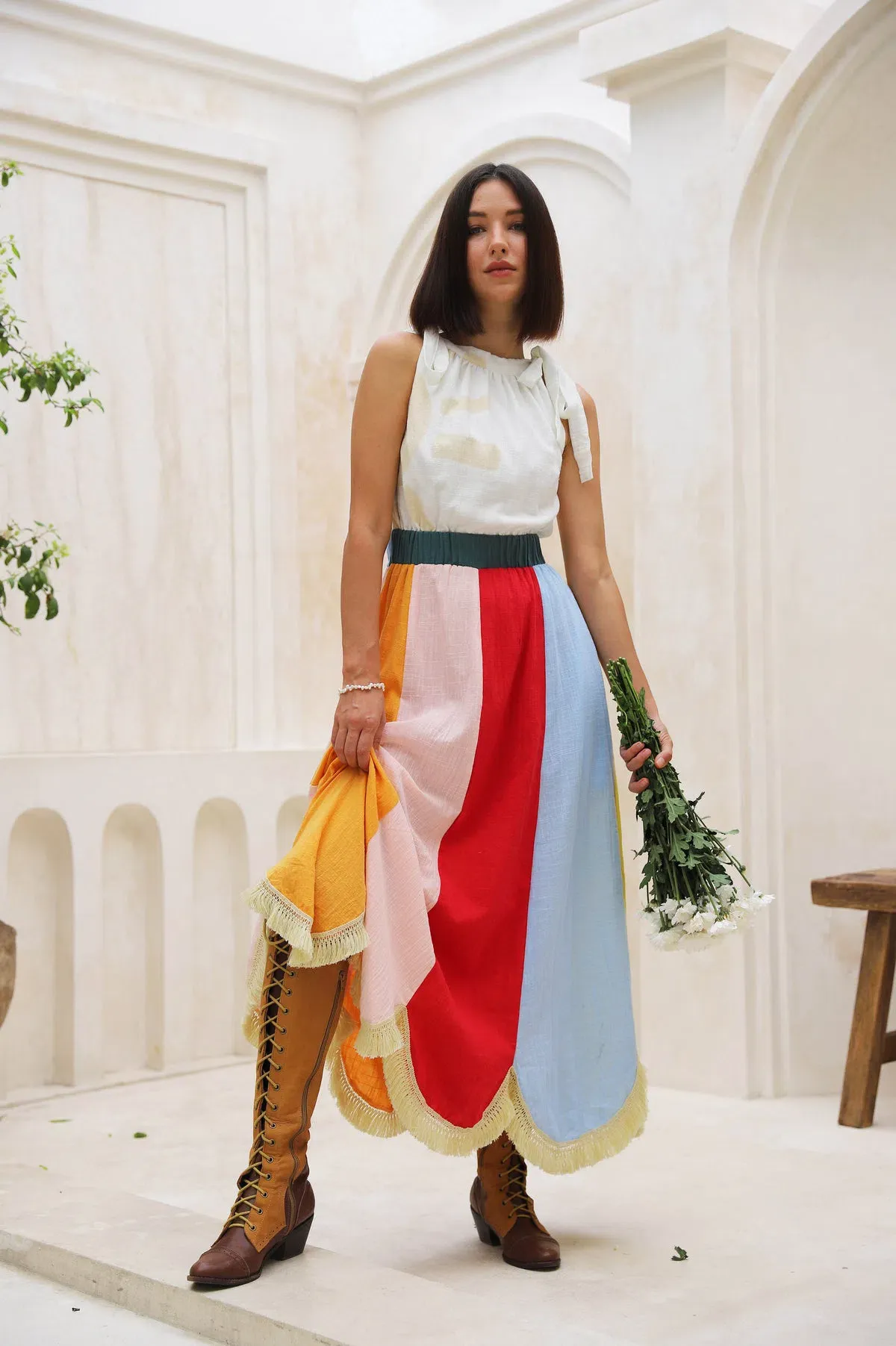 Frank & Dollys Casa Raya Cotton Reversible Fringe Maxi Dress Multi Size XS / AU 6 for rent on The Volte - main image