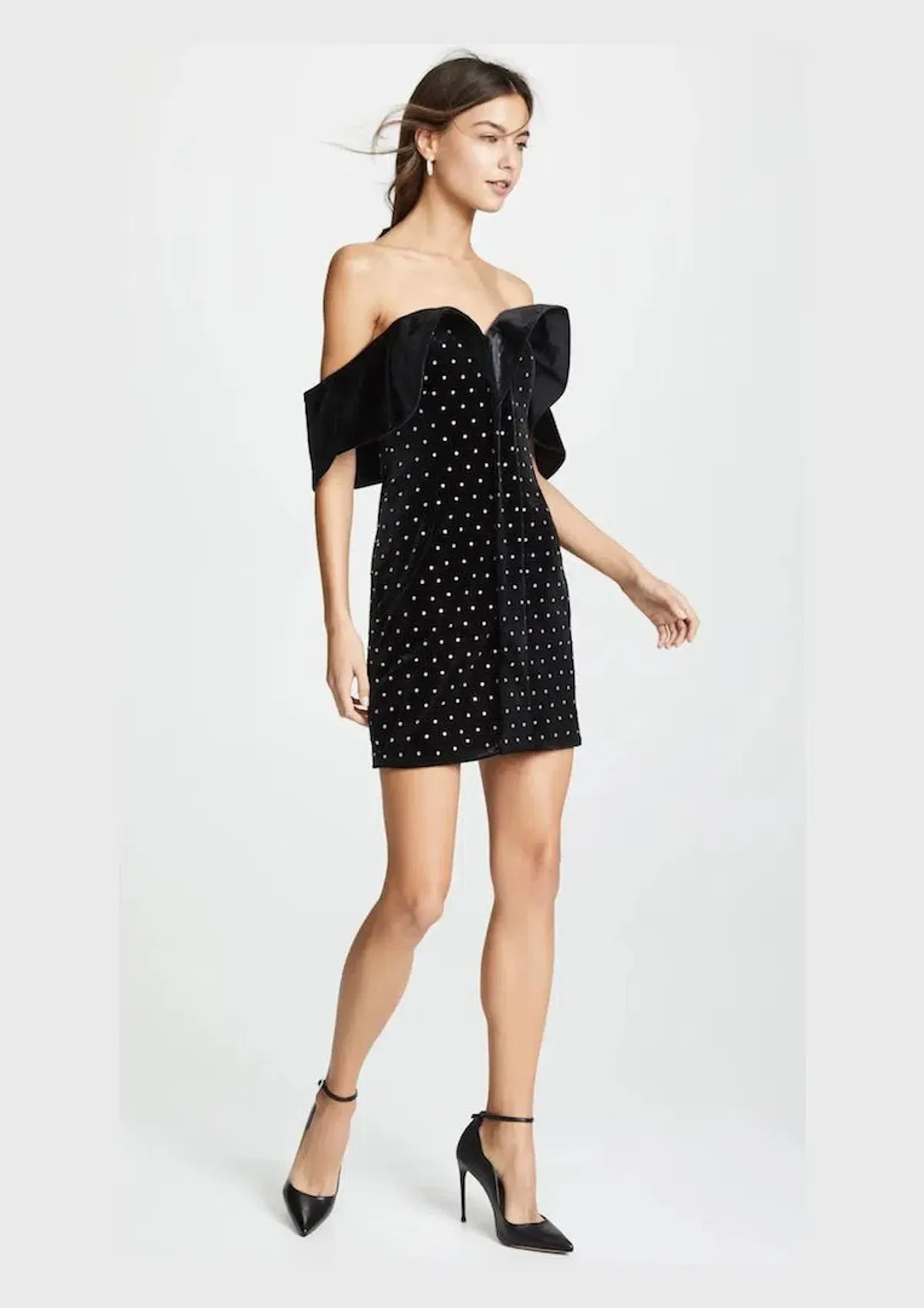 Self Portrait Off Shoulder Velvet Mini Dress Black Size 6 for rent on The Volte - main image