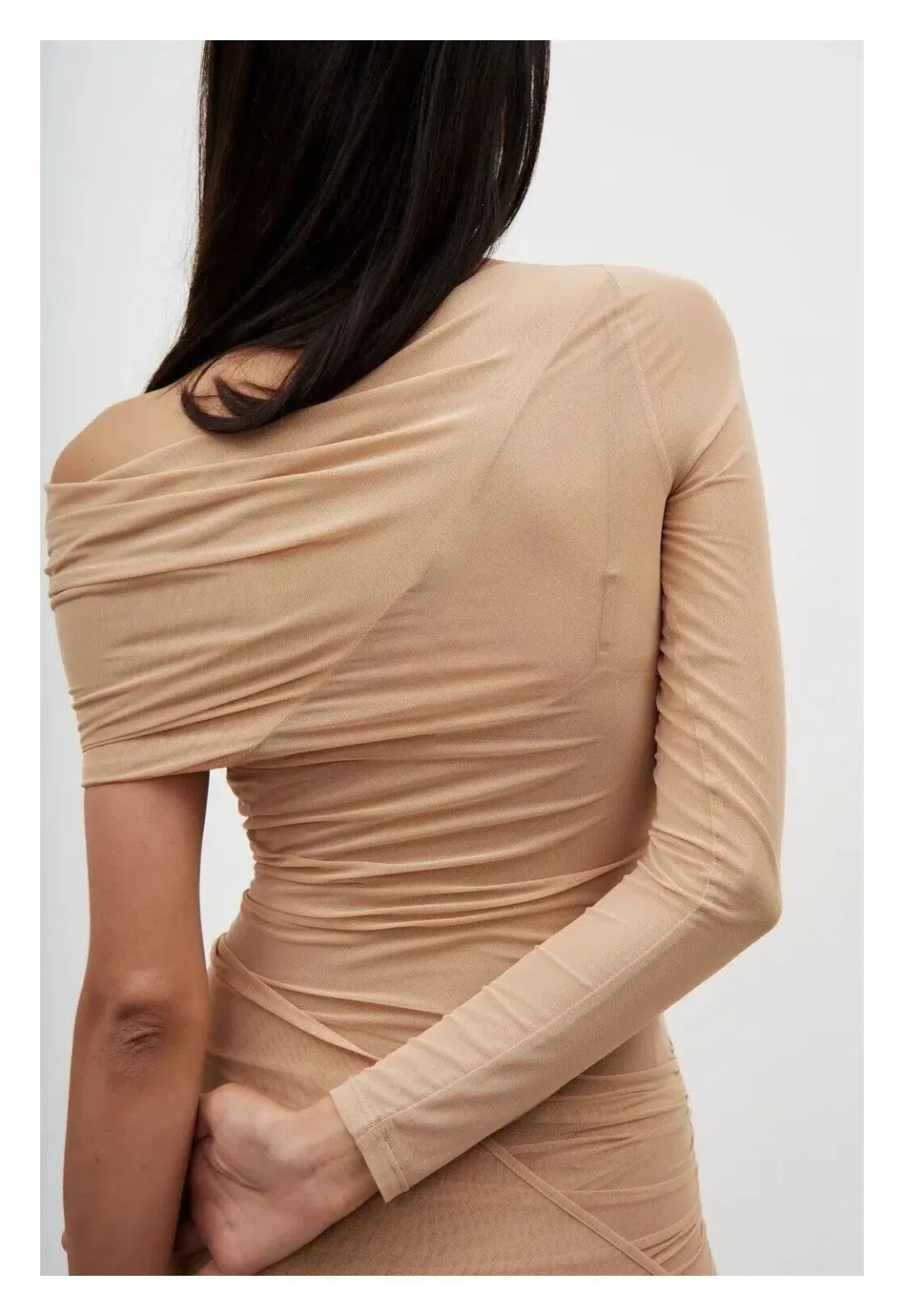 Atlein Off Shoulder One Sleeve Draped Dress Nude Size 8 for rent on The Volte - main image