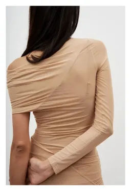Atlein Off Shoulder One Sleeve Draped Dress Nude Size 8 for rent on The Volte - image 3