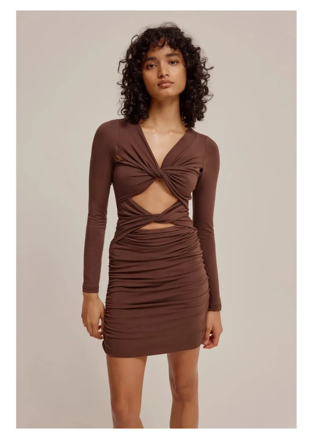 Venroy Long Sleeve Jersey Mini Dress Dark Cacao Size S/ AU 8 for rent on The Volte - main image