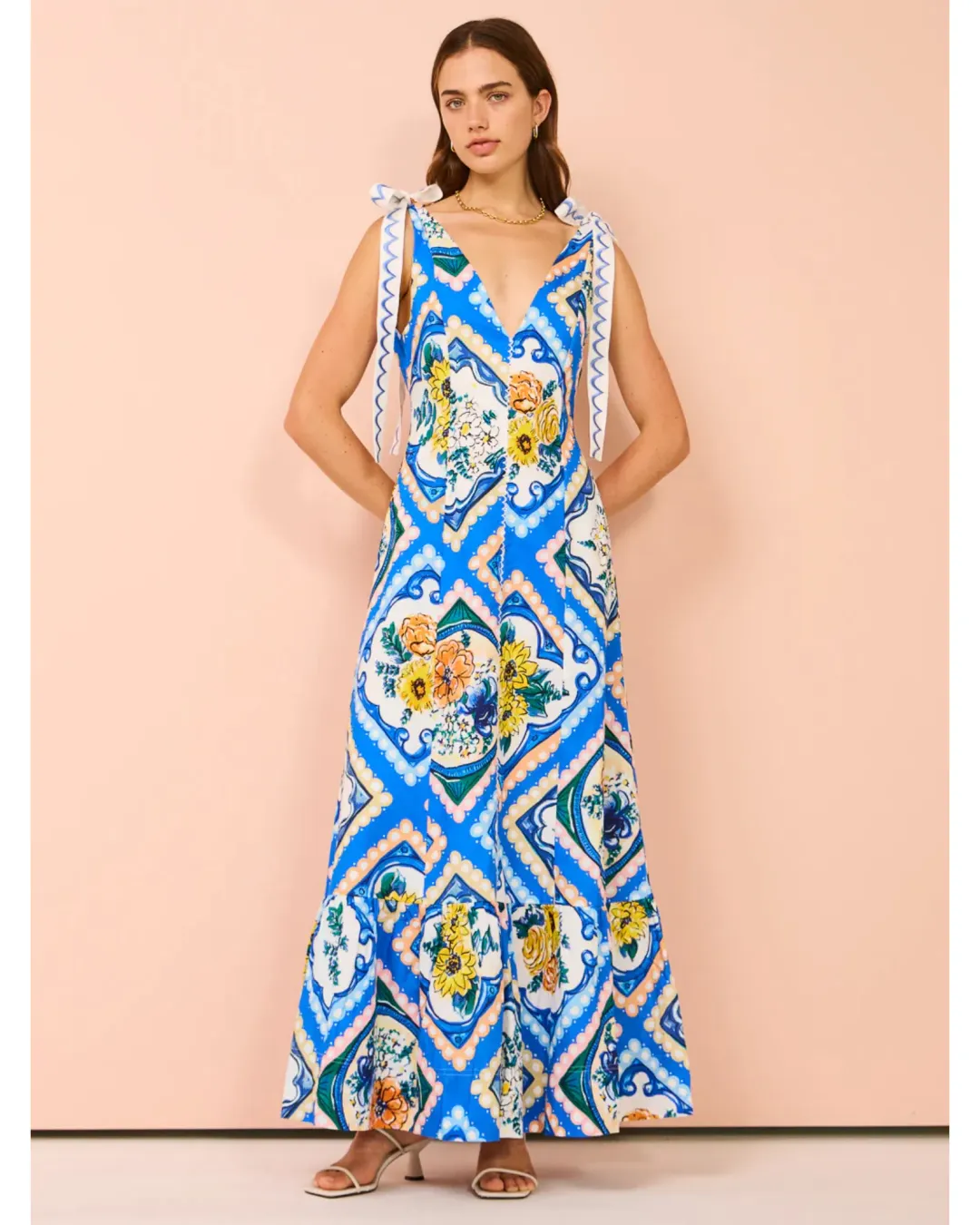 By Nicola Adonica Tie Shoulder Maxi Dress in Azure Flower Size AU 14 for rent on The Volte - main image