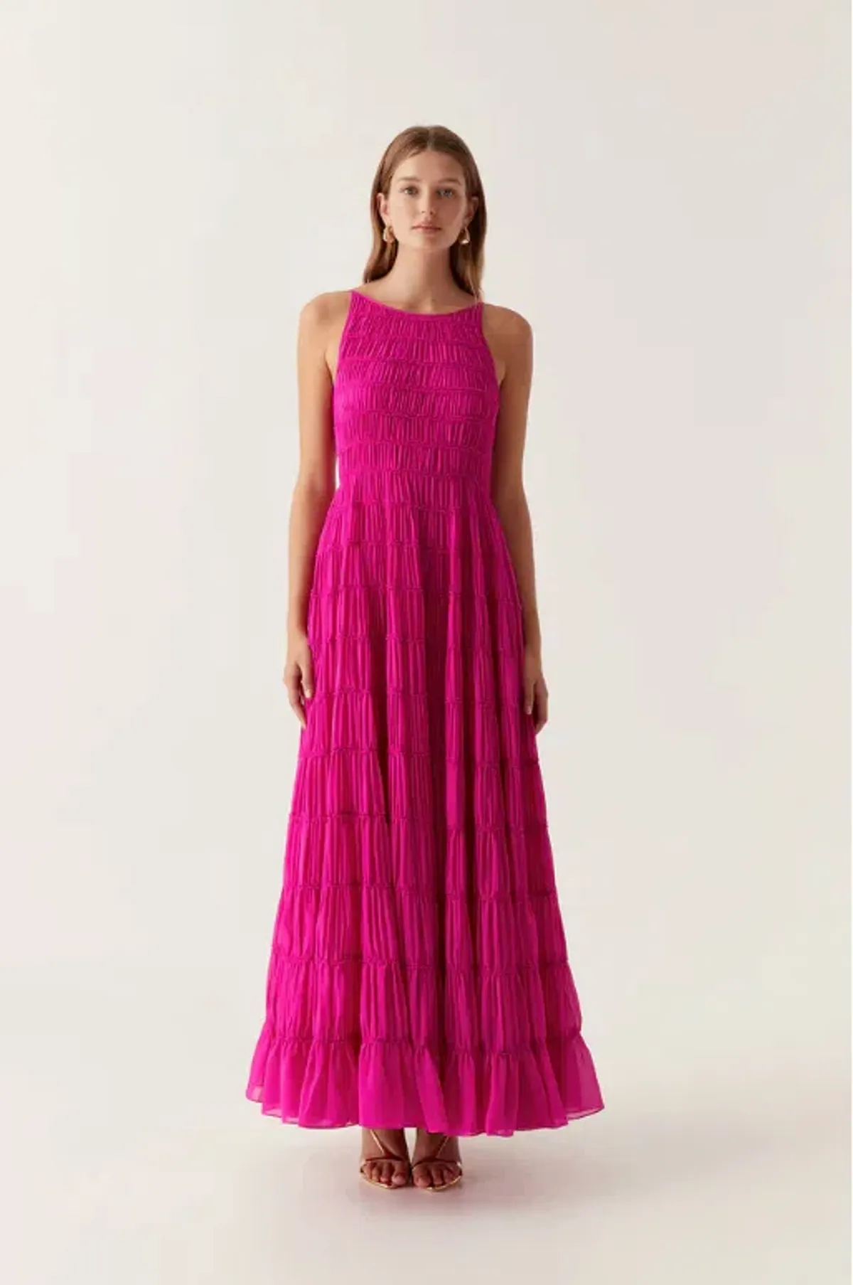 Aje Rosewood Ruched Maxi Dress Magenta Size AU 14 for rent on The Volte - main image