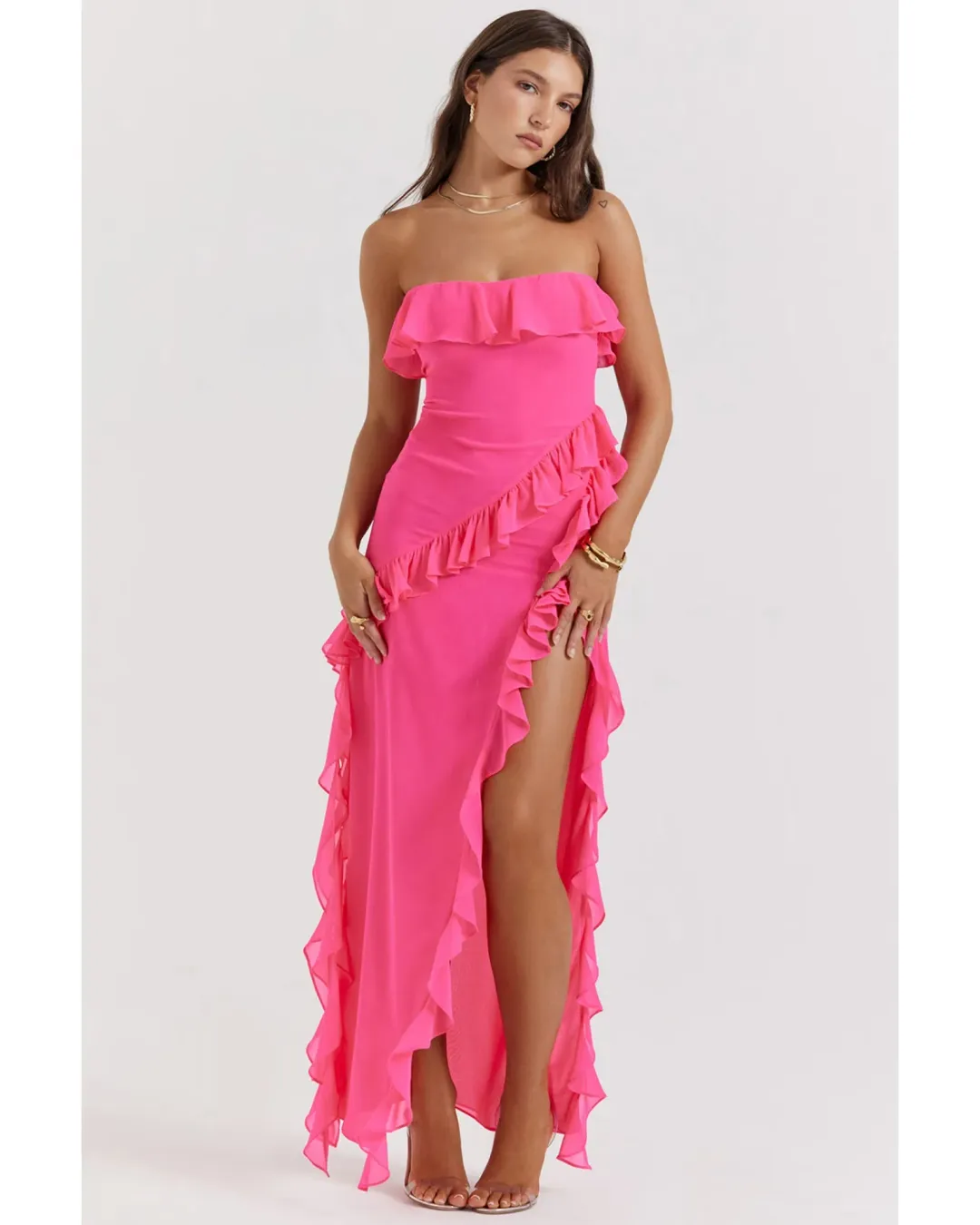 House Of CB Sarina Ruffle Maxi Dress Fuchsia Size AU 8 for rent on The Volte - main image