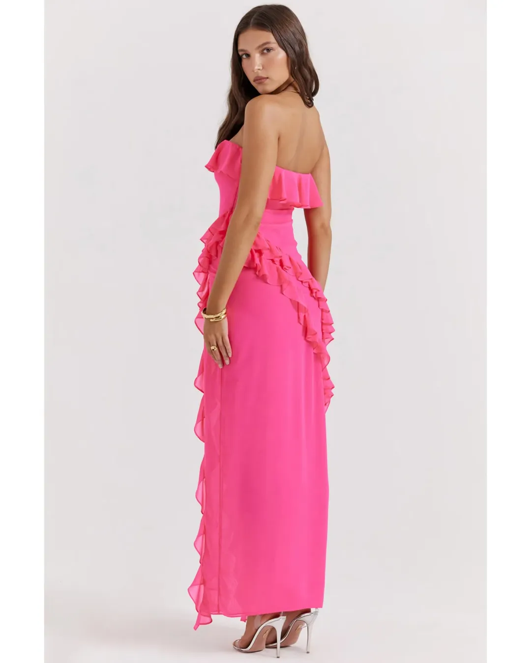House Of CB Sarina Ruffle Maxi Dress Fuchsia Size AU 8 for rent on The Volte - main image