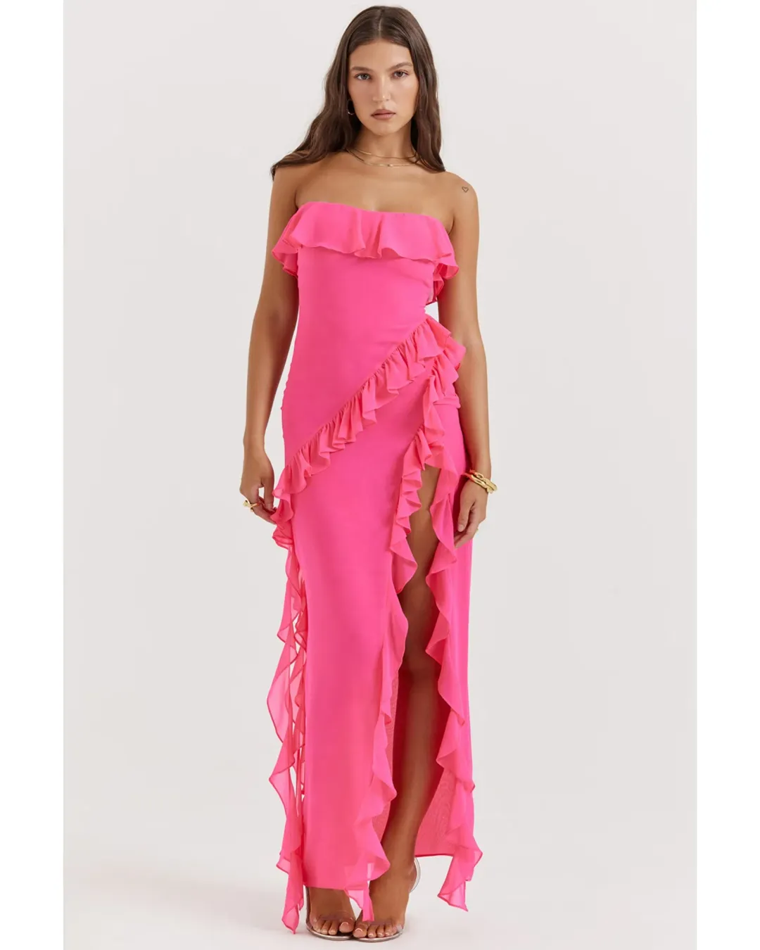 House Of CB Sarina Ruffle Maxi Dress Fuchsia Size AU 8 for rent on The Volte - main image