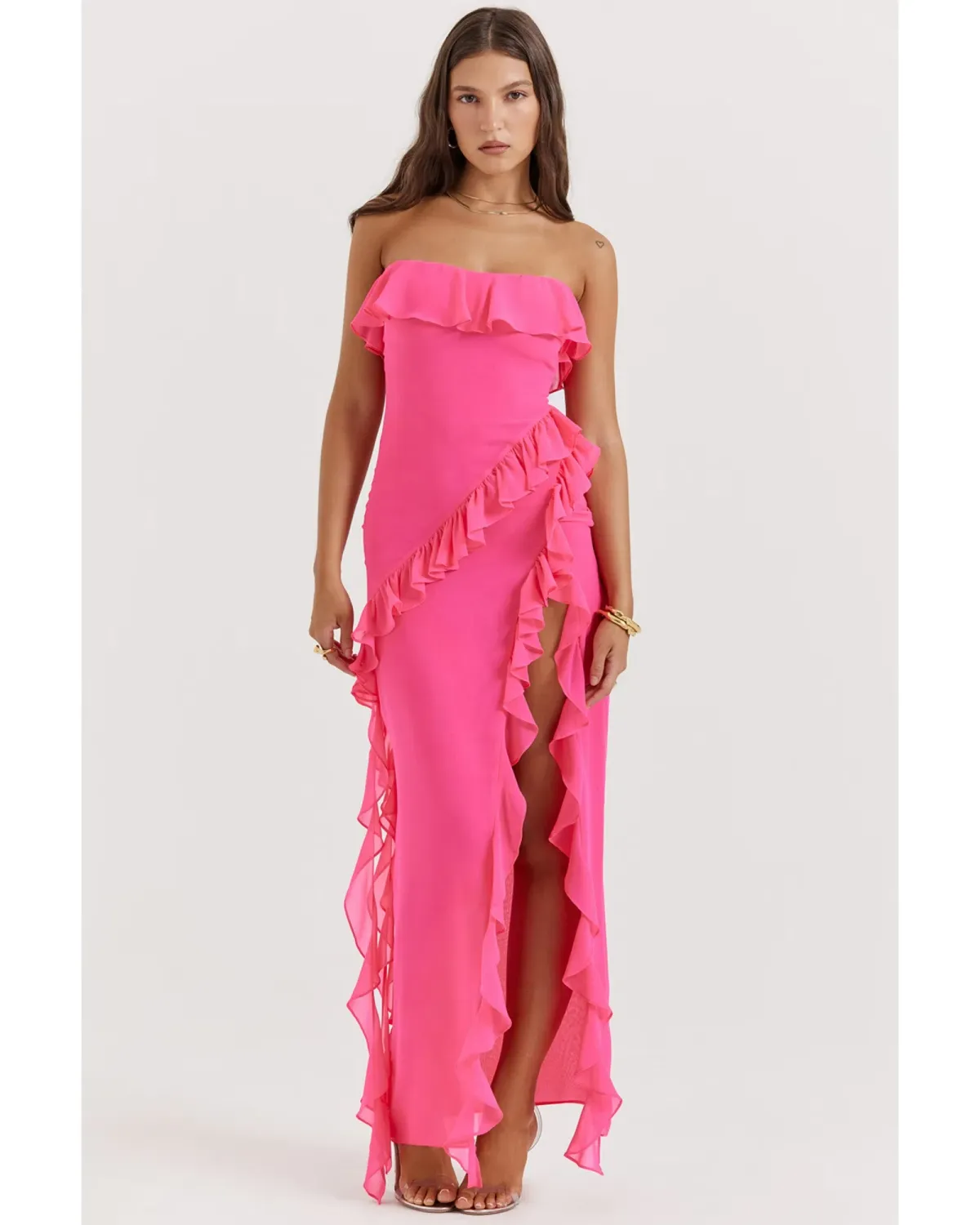 House Of CB Sarina Ruffle Maxi Dress Fuchsia Size AU 8 for rent on The Volte - main image